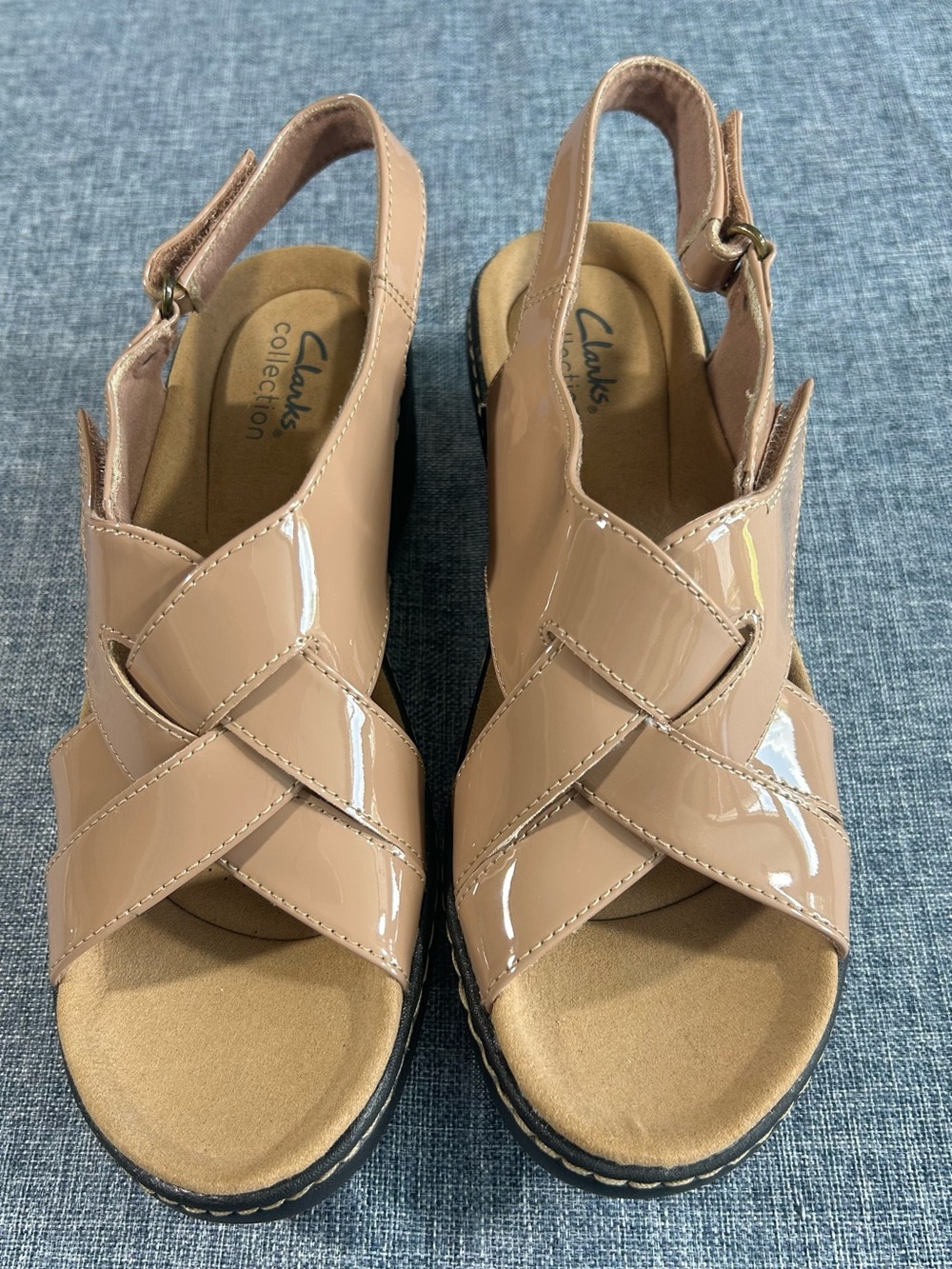Clarks Merliah Echo Women's Patent Cross-Strap Slingback Sandals in Nude Beige